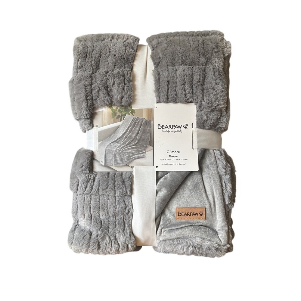 BearPaw Gilmore Plush Faux Fur Throw Blanket Grey 50"x70" Oversized GIFT NEW